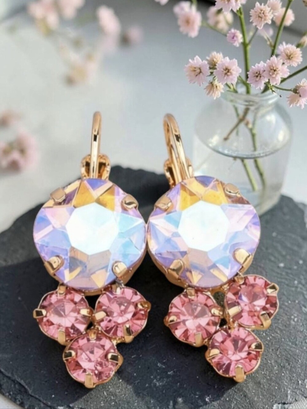 Lovely 18k Gold Plated AB Aurora Borealis Pink Crystal Earrings